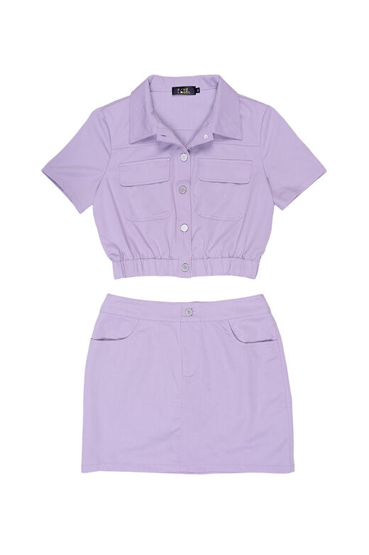 Fine Collar Neck Flap Pockets Button Front Top & Skort Set (Pastel Purple)